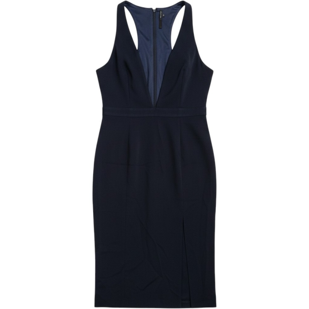 Jay Godfrey Plunging V-Neck Halter Midi Dress 12 Navy Blue Sheath Cocktail